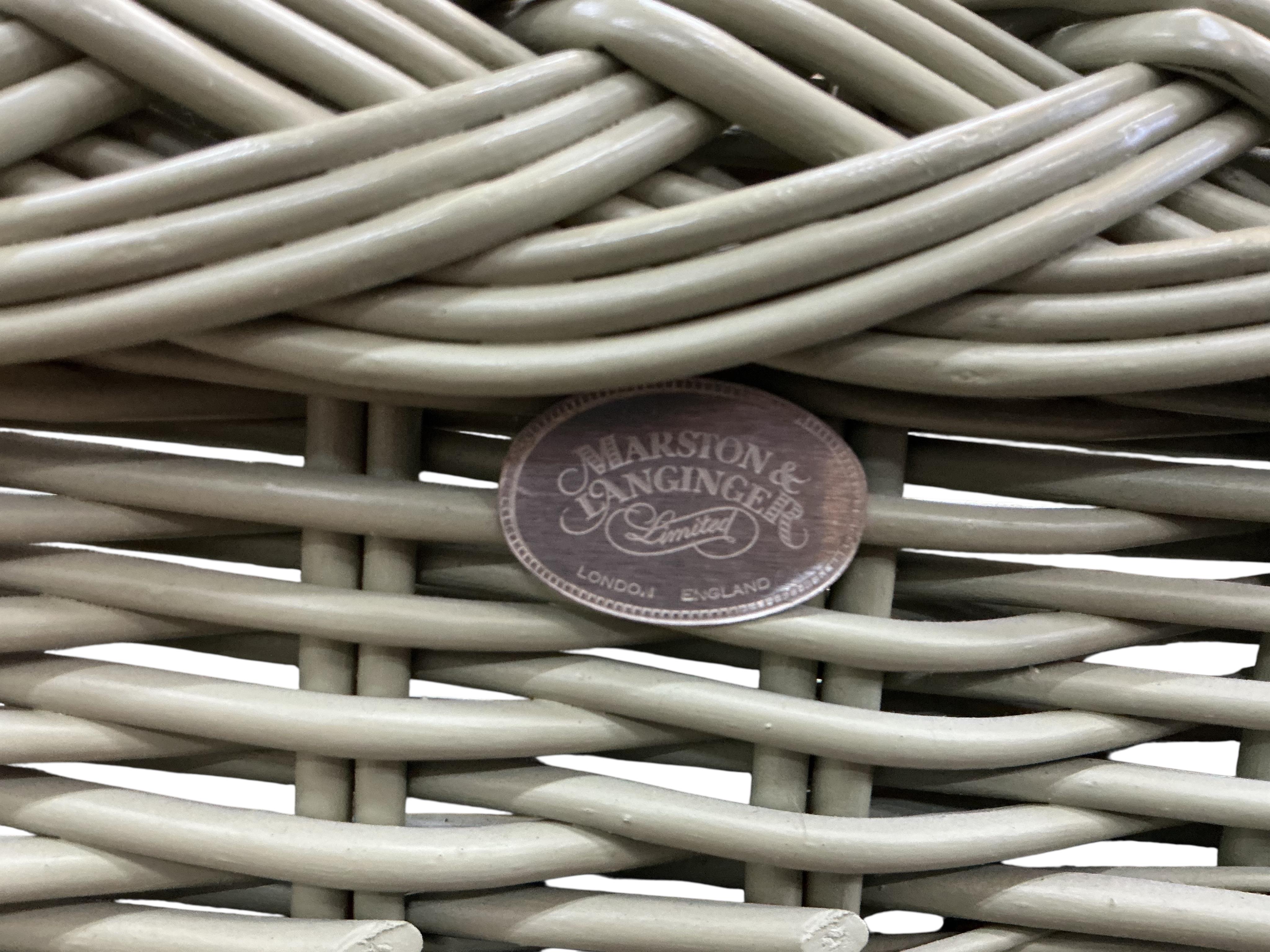 A Contemporary green wicker conservatory suite, comprising three seater settee, armchair, footstool and tray top table